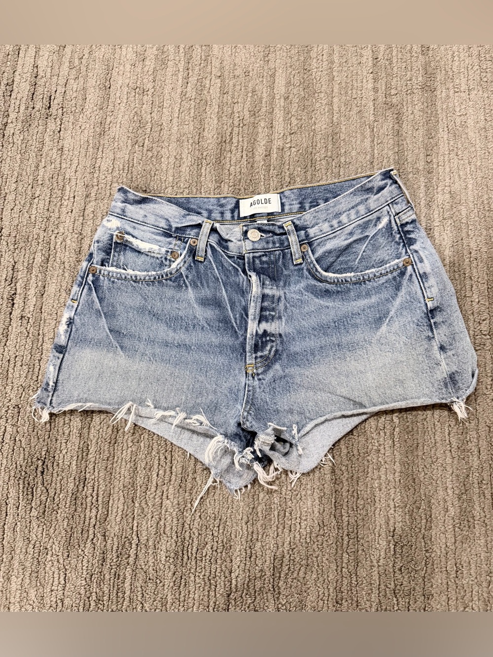 Agolde Light Blue Distressed Denim Cutoff Shorts